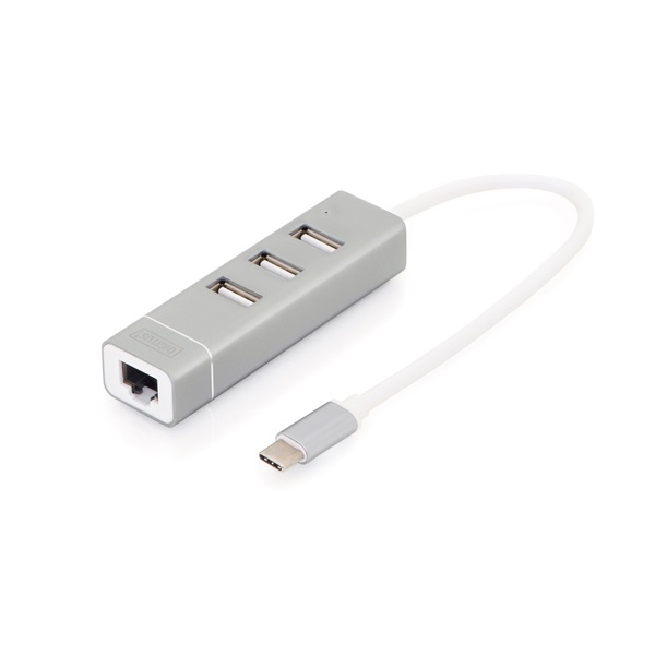 DIGITUS USB Type-C Ethernet adapter + 3 portos USB HUB