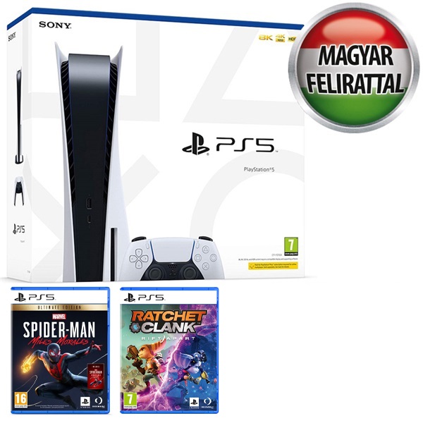PlayStation®5 825GB + Spider-Man Miles Morales UE + Ratchet and Clank: Rift Apart játékkonzol csomag