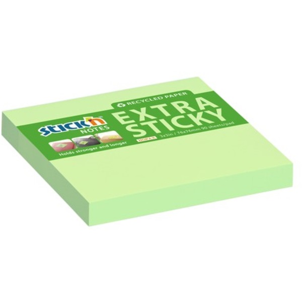 StickN ExtraSticky Recycled 76x76mm 90lap újrahasznosított pasztell zöld jegyzettömb